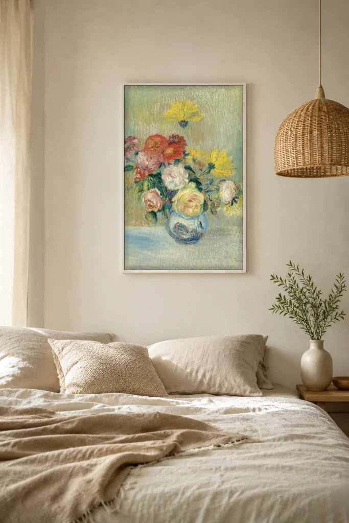 Framed print of Vase of Roses and Dahlias hanging on a wall in a furnished room