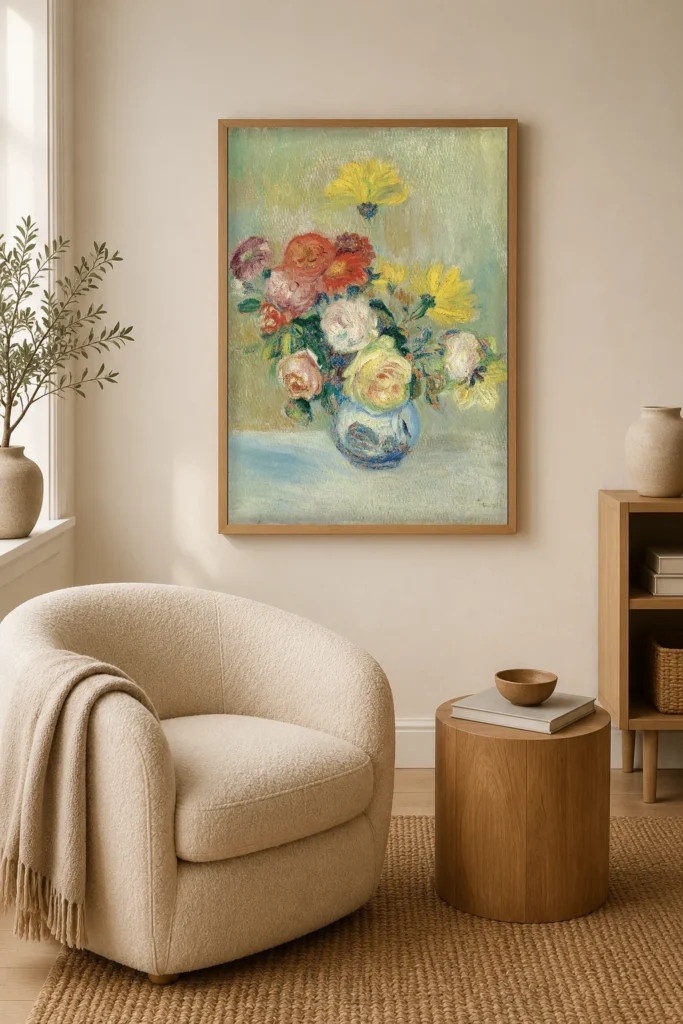 Framed print of Vase of Roses and Dahlias hanging on a wall in a furnished room