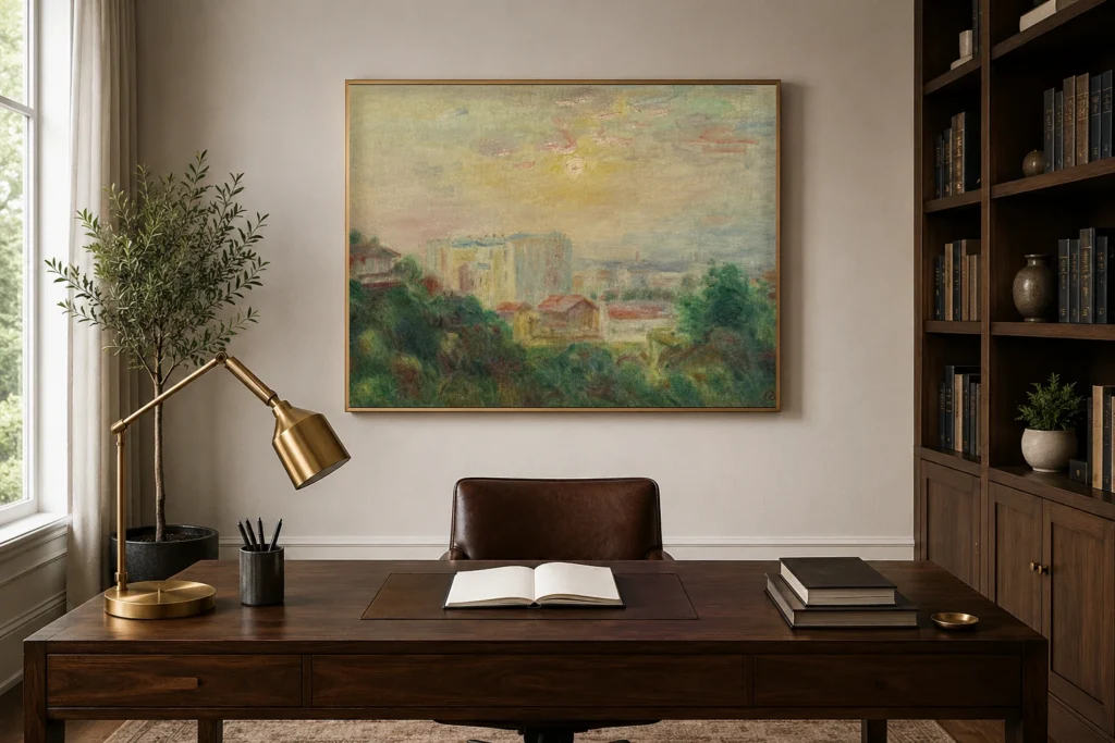 Framed print of View of Montmartre hanging on a wall in a furnished room
