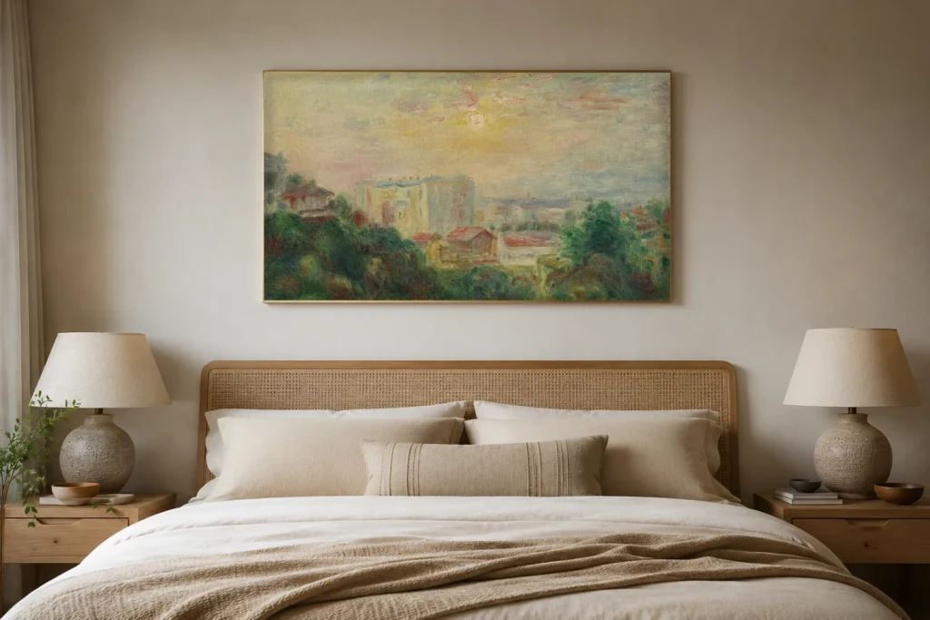 Framed print of View of Montmartre hanging on a wall in a furnished room