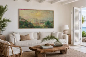 Framed print of View of Montmartre hanging on a wall in a furnished room