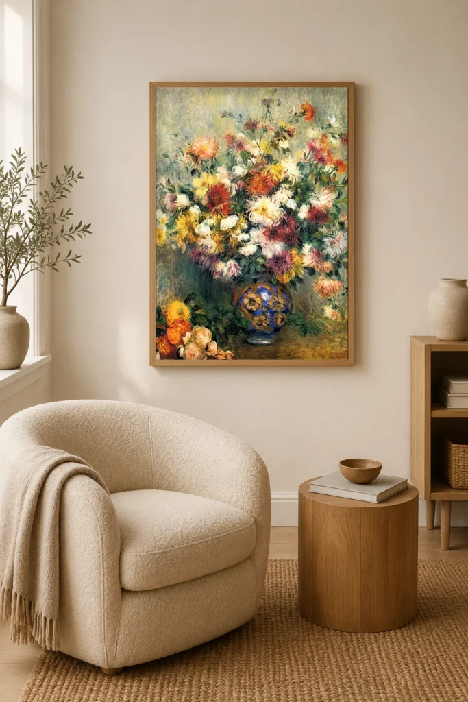 Framed print of Vase of Chrysanthemums hanging on a wall in a furnished room