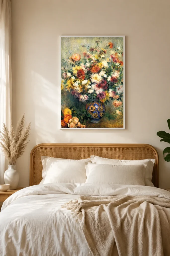 Framed print of Vase of Chrysanthemums hanging on a wall in a furnished room