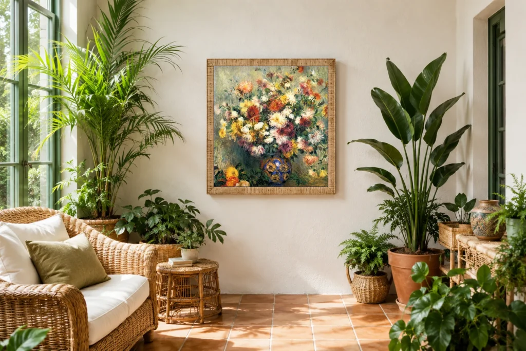 Framed print of Vase of Chrysanthemums hanging on a wall in a furnished room
