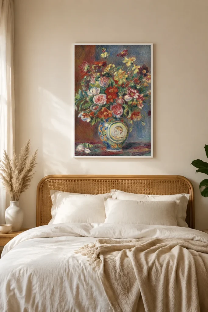 Framed print of Vase of Flowers with Medallion Profile hanging on a wall in a furnished room