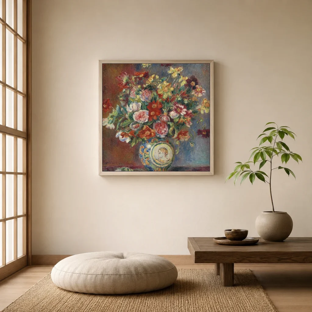 Framed print of Vase of Flowers with Medallion Profile hanging on a wall in a furnished room