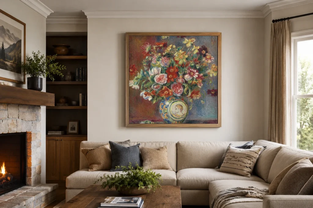Framed print of Vase of Flowers with Medallion Profile hanging on a wall in a furnished room