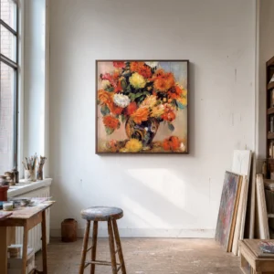 Framed print of Vase of Flowers, Blue and Pink Background hanging on a wall in a furnished room