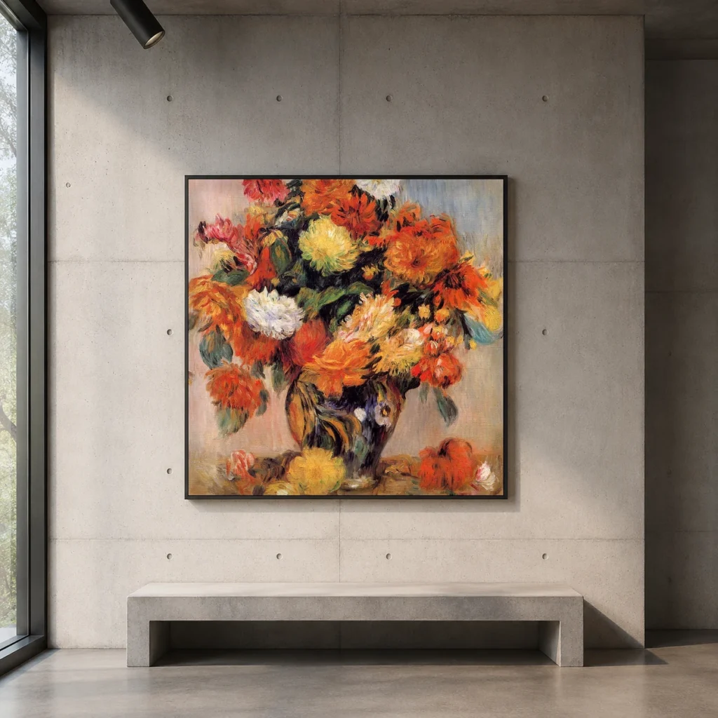 Framed print of Vase of Flowers, Blue and Pink Background hanging on a wall in a furnished room