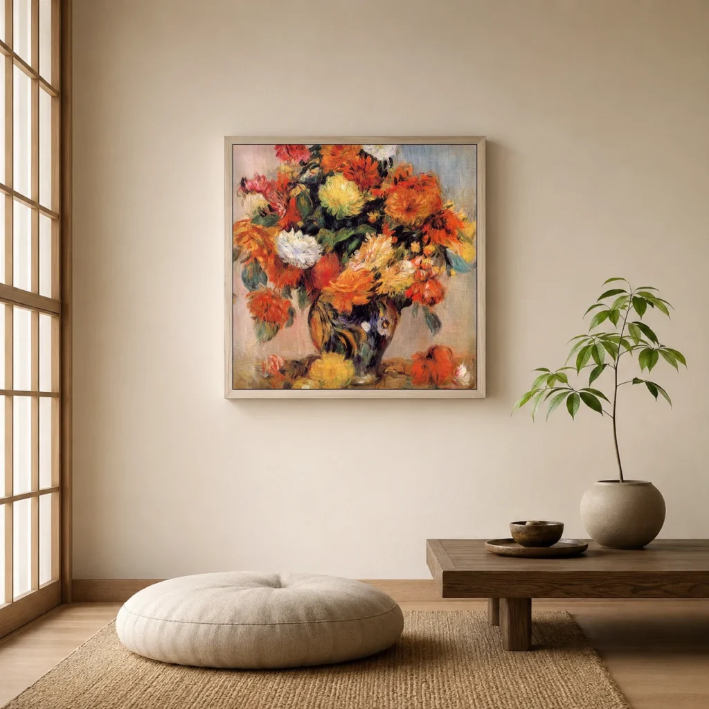 Framed print of Vase of Flowers, Blue and Pink Background hanging on a wall in a furnished room