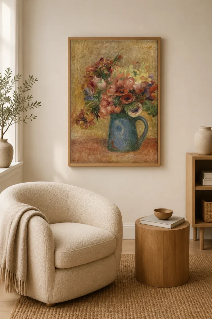 Framed print of Vase of Flowers (Vase de fleurs ) hanging on a wall in a furnished room