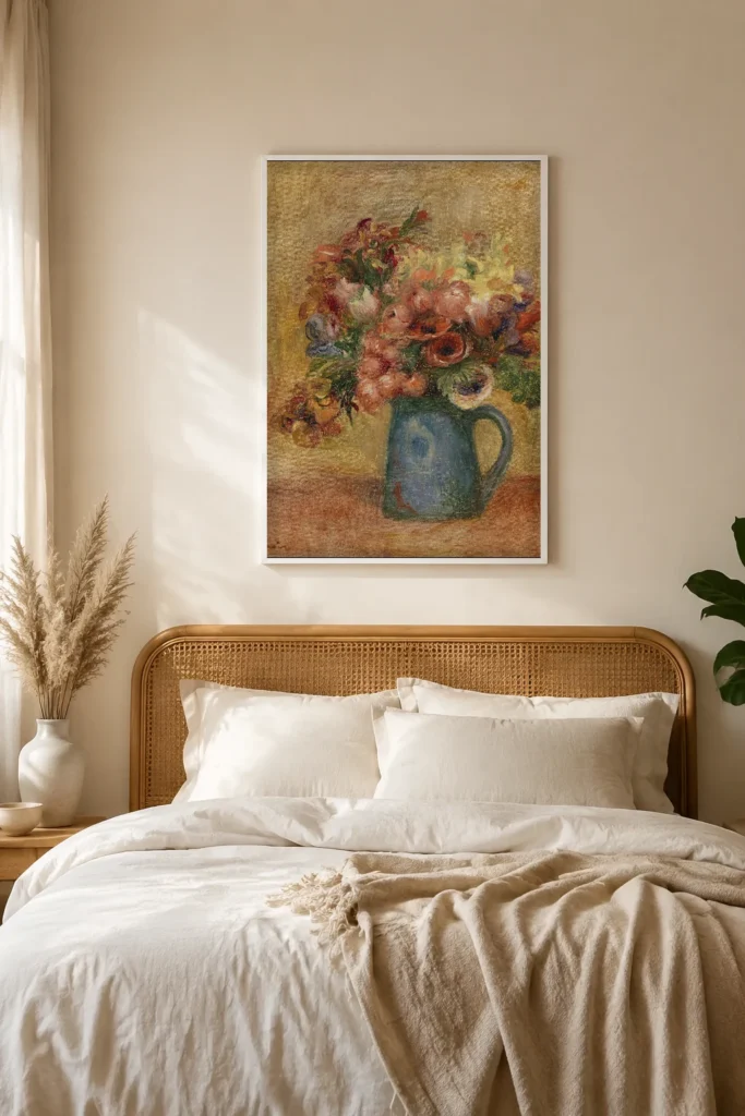 Framed print of Vase of Flowers (Vase de fleurs ) hanging on a wall in a furnished room