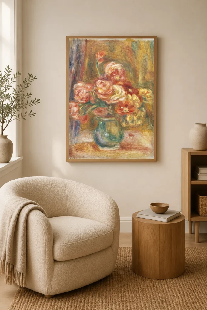 Framed print of Vase of Roses hanging on a wall in a furnished room