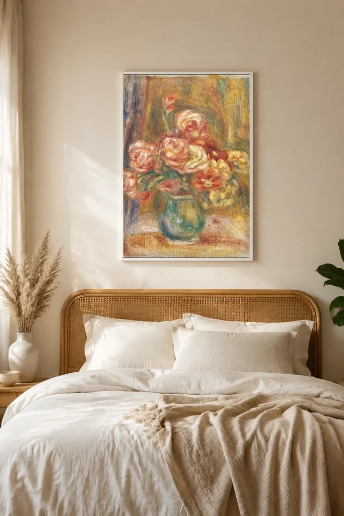 Framed print of Vase of Roses hanging on a wall in a furnished room