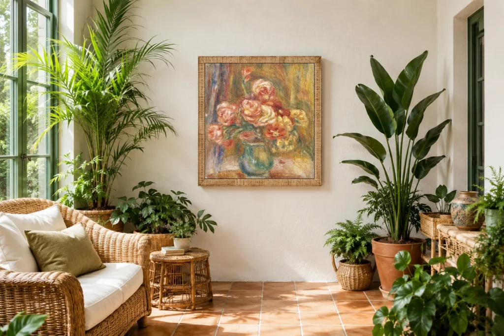 Framed print of Vase of Roses hanging on a wall in a furnished room