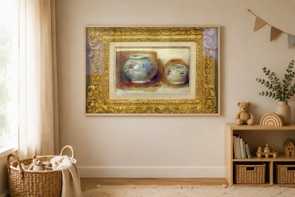 Framed print of Round Vases hanging on a wall in a furnished room