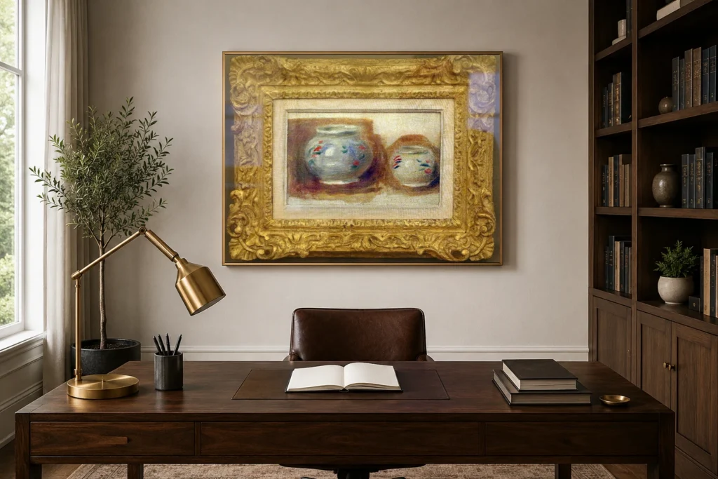 Framed print of Round Vases hanging on a wall in a furnished room