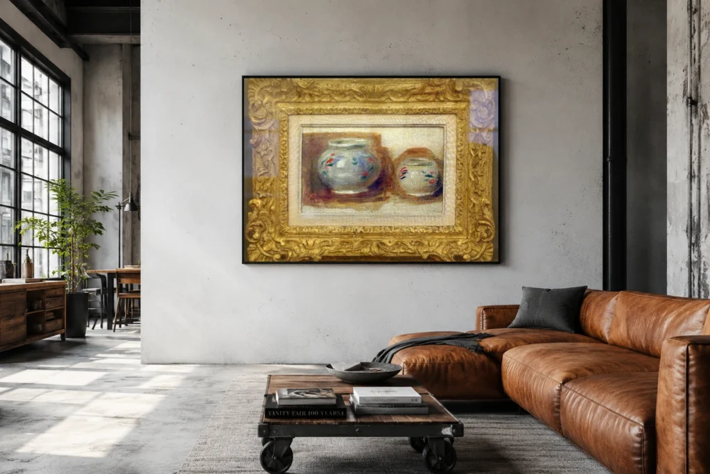 Framed print of Round Vases hanging on a wall in a furnished room