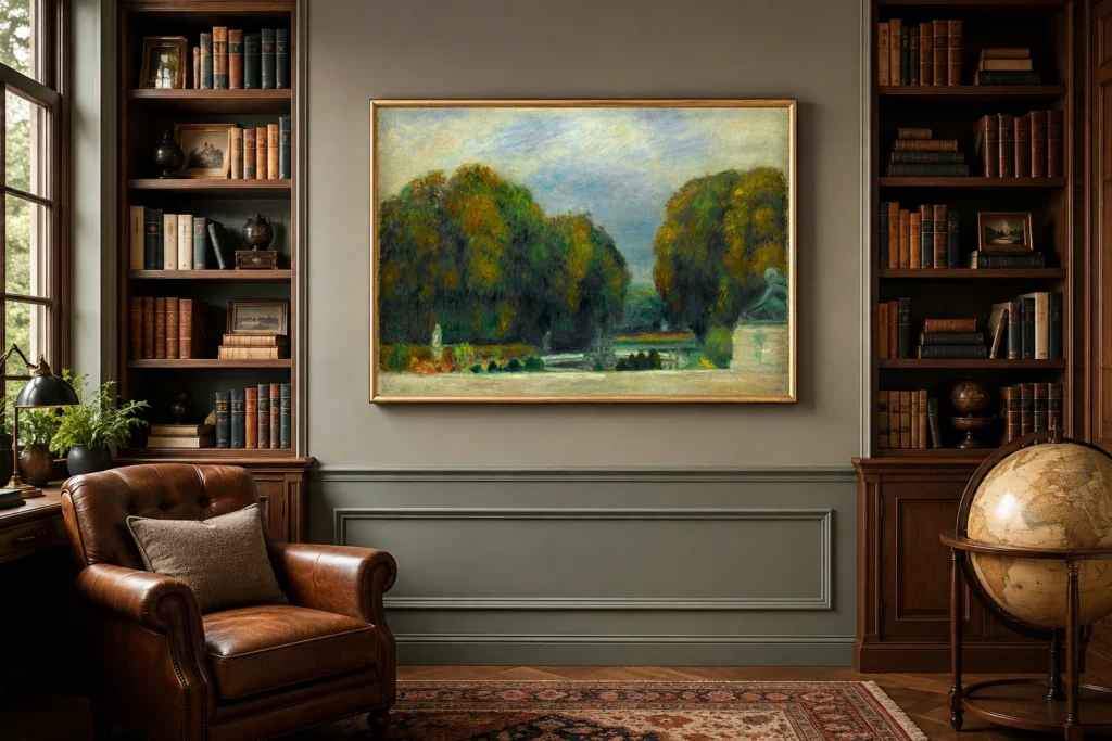 Framed print of Versailles hanging on a wall in a furnished room