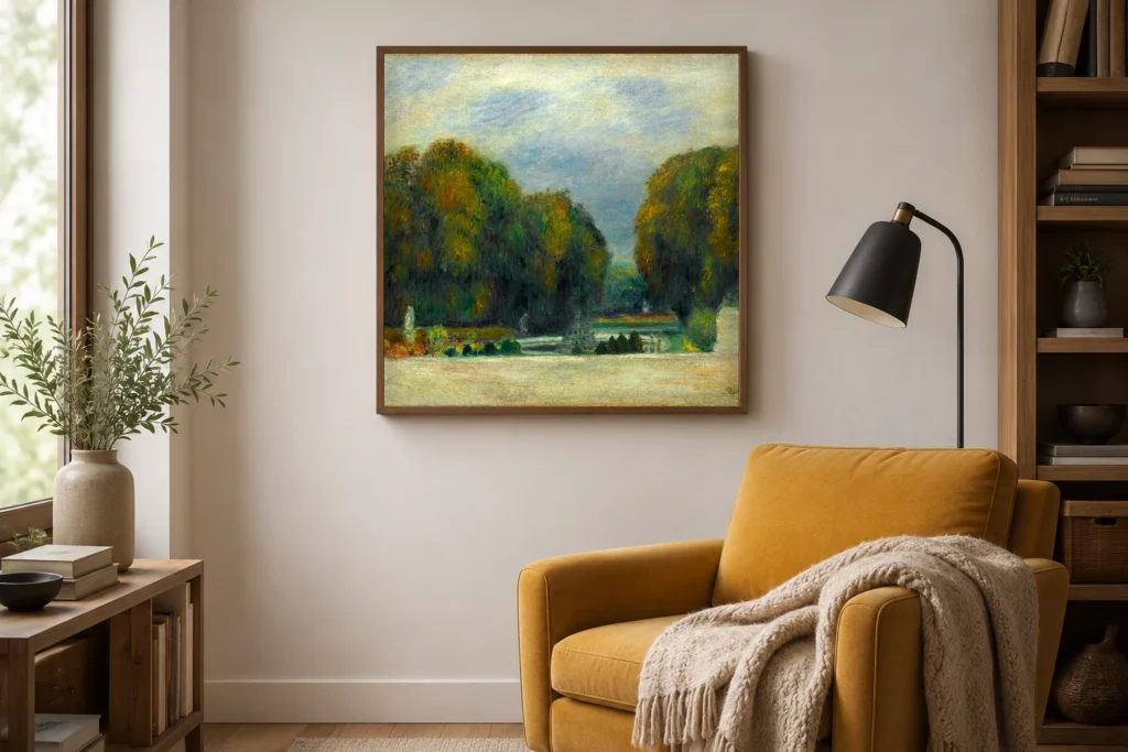 Framed print of Versailles hanging on a wall in a furnished room