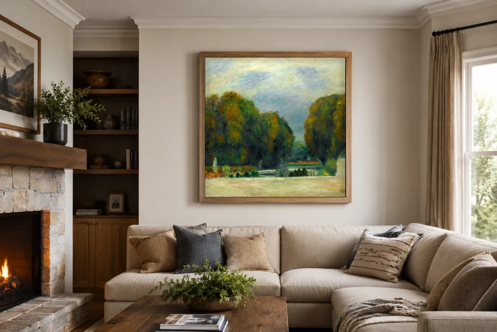 Framed print of Versailles hanging on a wall in a furnished room