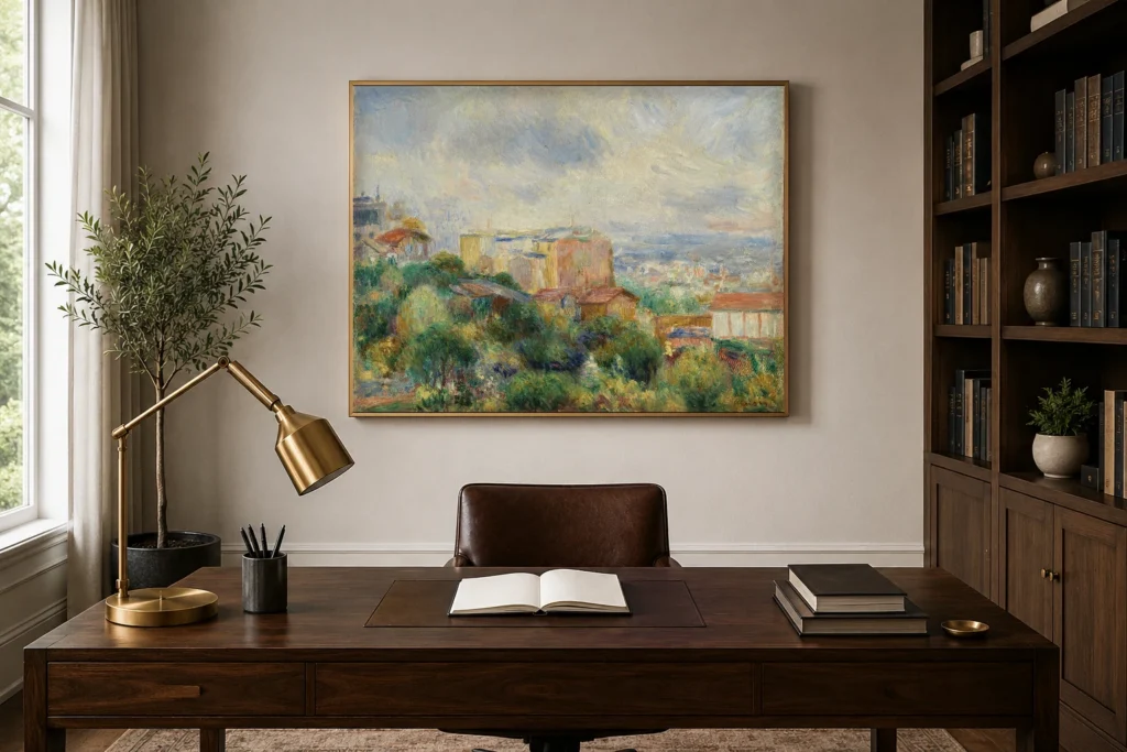 Framed print of View From Montmartre (Vue de Montmartre) hanging on a wall in a furnished room