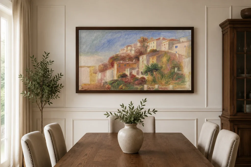 Framed print of View from the Garden of the Post Office, Cagnes (Village vu du jardin de la poste, Cagnes) hanging on a wall in a furnished room
