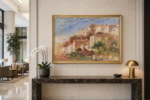 Framed print of View from the Garden of the Post Office, Cagnes (Village vu du jardin de la poste, Cagnes) hanging on a wall in a furnished room