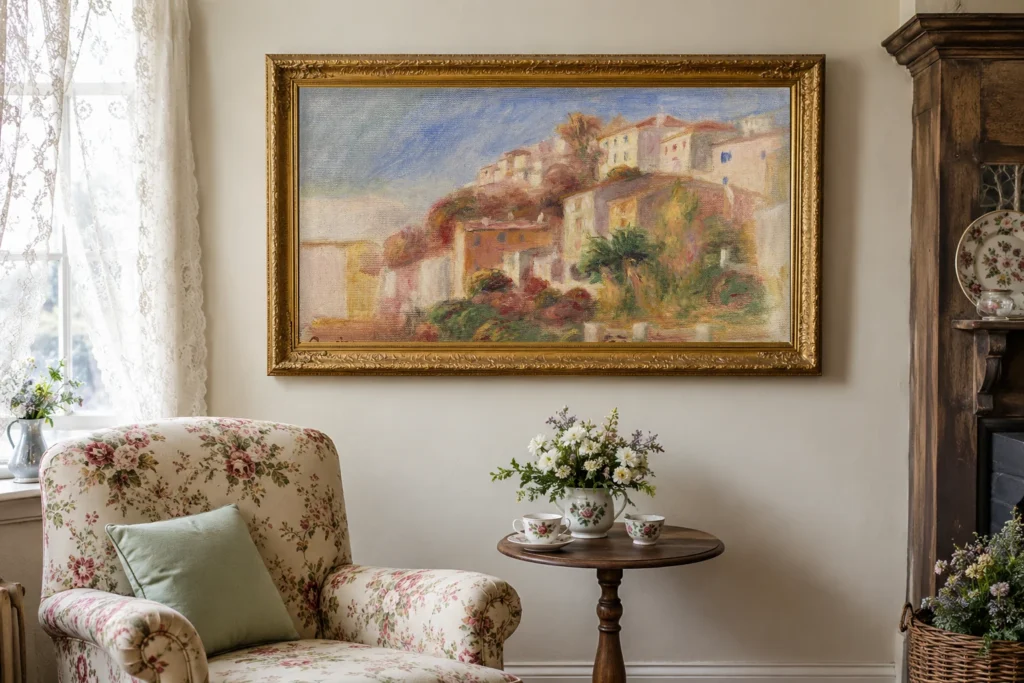 Framed print of View from the Garden of the Post Office, Cagnes (Village vu du jardin de la poste, Cagnes) hanging on a wall in a furnished room