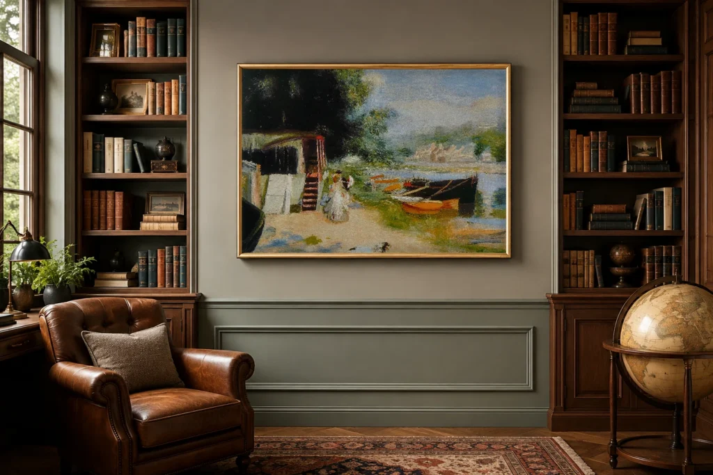 Framed print of View of Bougival hanging on a wall in a furnished room