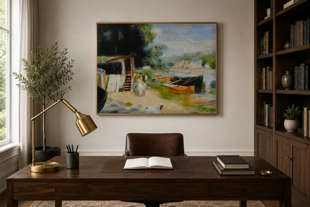 Framed print of View of Bougival hanging on a wall in a furnished room