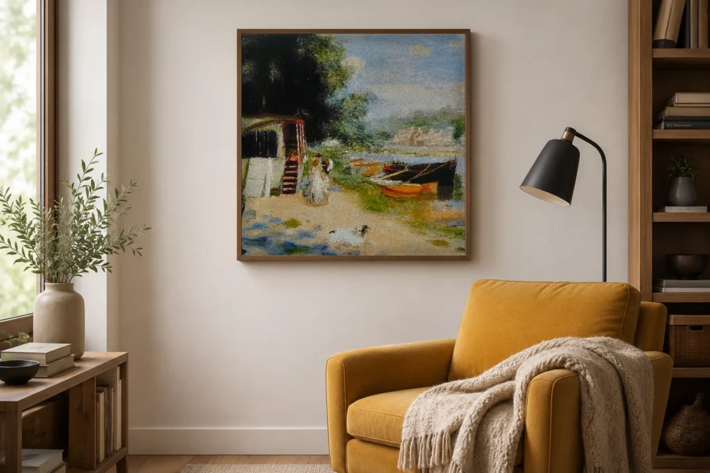 Framed print of View of Bougival hanging on a wall in a furnished room