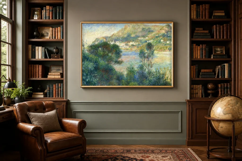 Framed print of View of Monte Carlo from Cap Martin hanging on a wall in a furnished room
