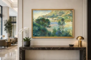 Framed print of View of Monte Carlo from Cap Martin hanging on a wall in a furnished room