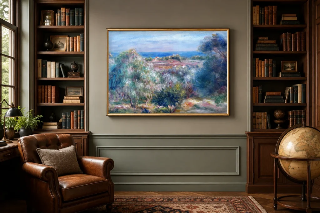 Framed print of View of the Sea from Haut Cagnes hanging on a wall in a furnished room