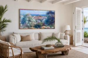 Framed print of View of the Sea from Haut Cagnes hanging on a wall in a furnished room
