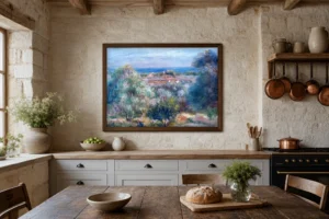 Framed print of View of the Sea from Haut Cagnes hanging on a wall in a furnished room