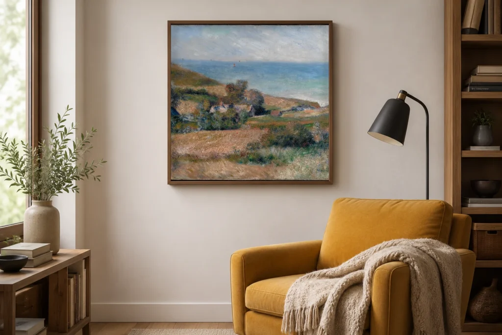 Framed print of View of the Seacoast near Wargemont in Normandy hanging on a wall in a furnished room