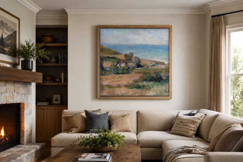 Framed print of View of the Seacoast near Wargemont in Normandy hanging on a wall in a furnished room