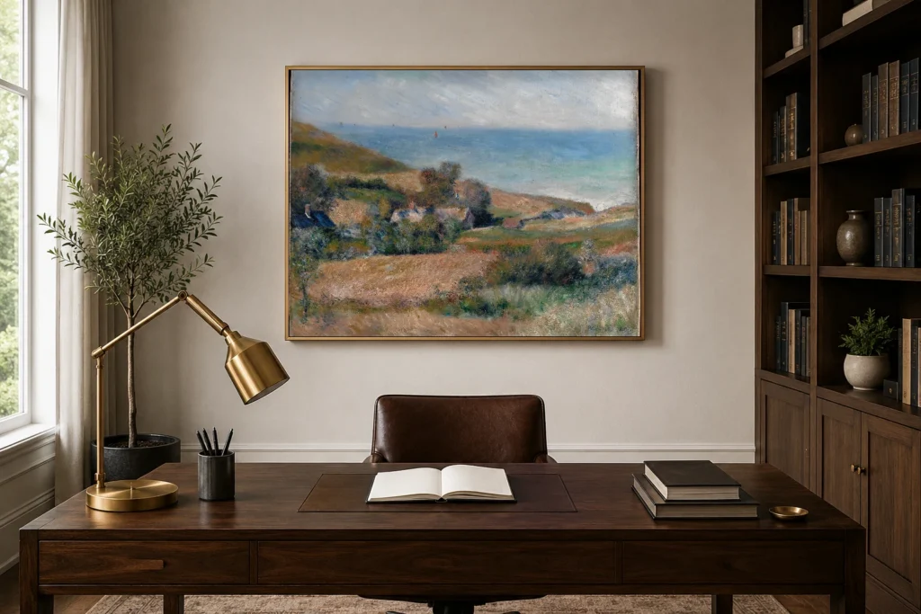 Framed print of View of the Seacoast near Wargemont in Normandy hanging on a wall in a furnished room