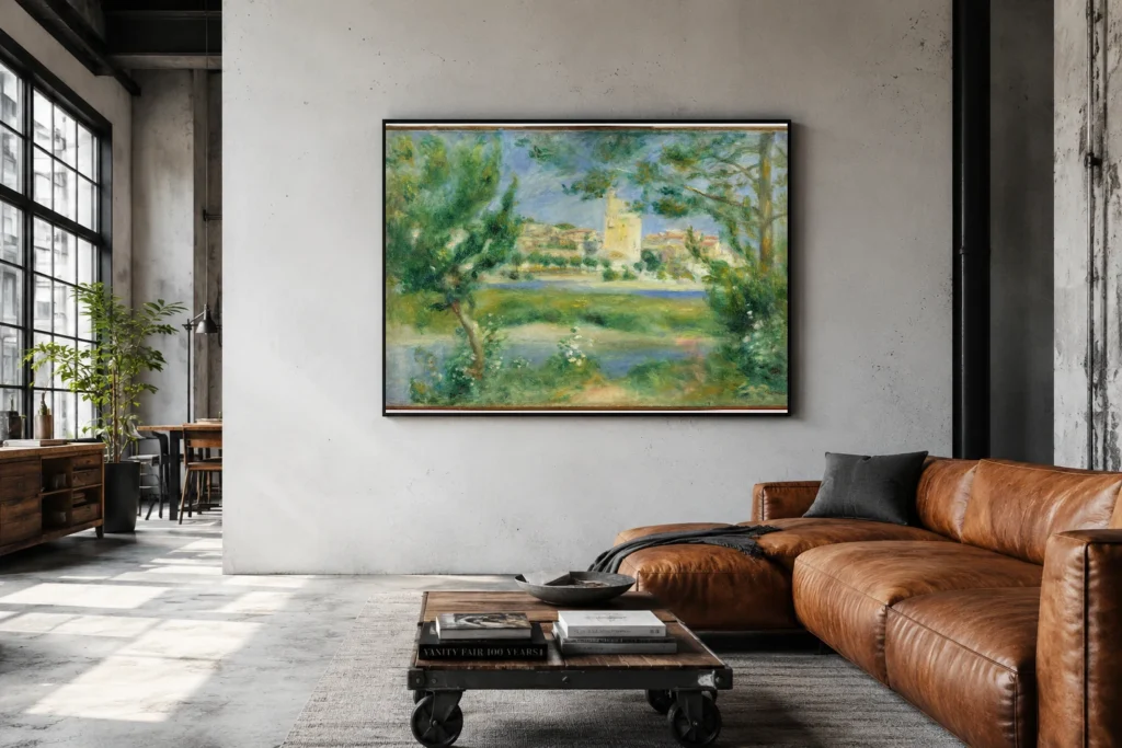 Framed print of Villeneuve-les-Avignon hanging on a wall in a furnished room