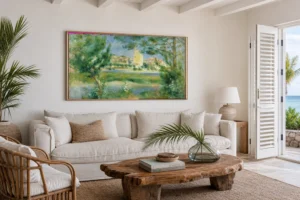Framed print of Villeneuve-les-Avignon hanging on a wall in a furnished room