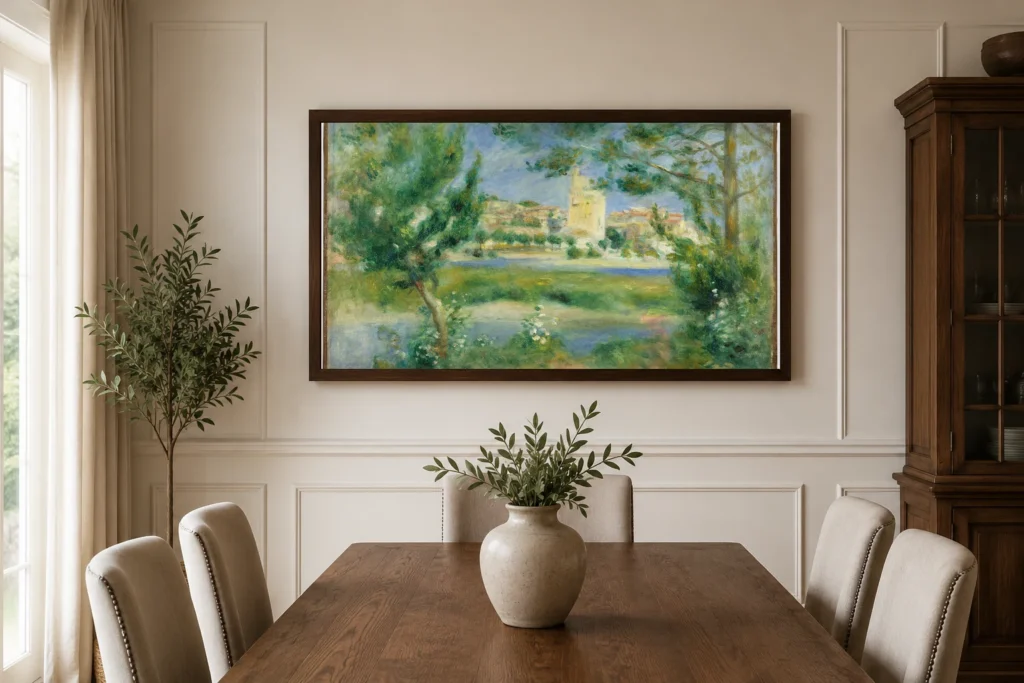Framed print of Villeneuve-les-Avignon hanging on a wall in a furnished room