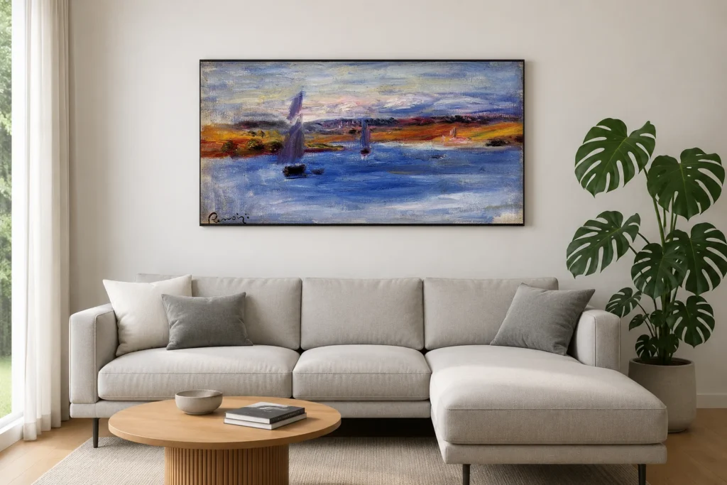 Framed print of Sailboats hanging on a wall in a furnished room
