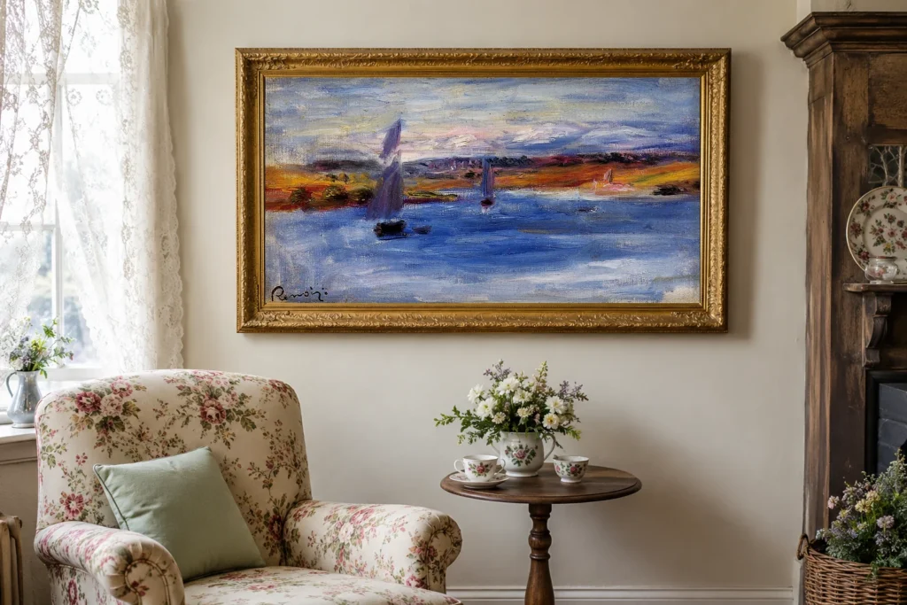 Framed print of Sailboats hanging on a wall in a furnished room