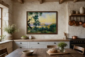 Framed print of View of Antibes hanging on a wall in a furnished room