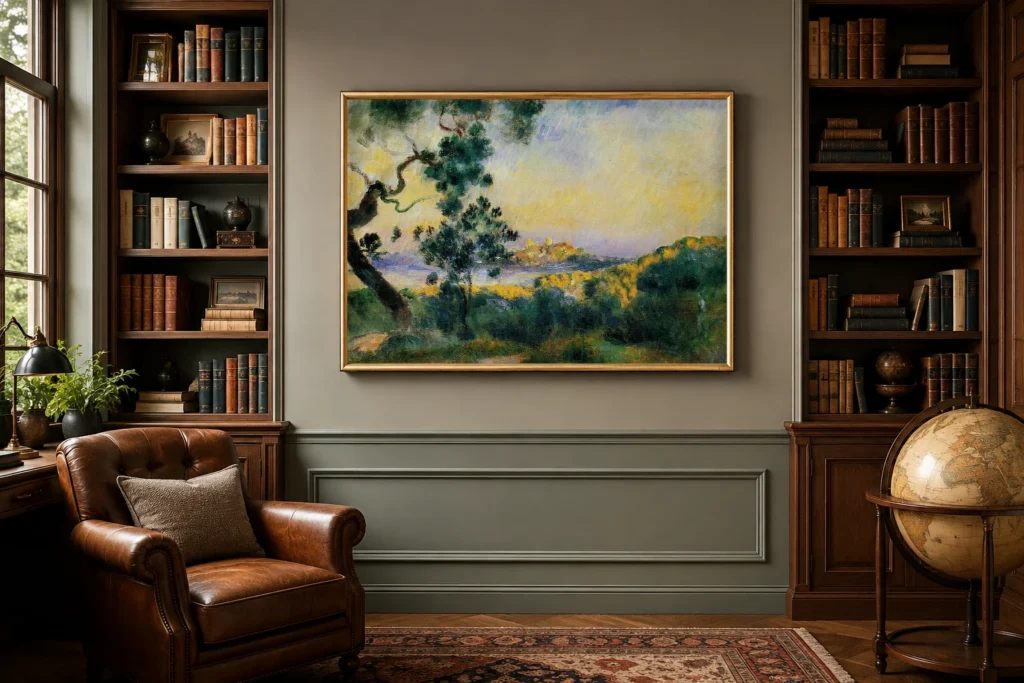 Framed print of View of Antibes hanging on a wall in a furnished room