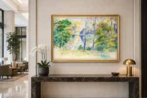 Framed print of View of a Park hanging on a wall in a furnished room