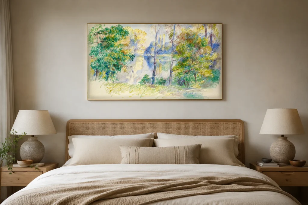 Framed print of View of a Park hanging on a wall in a furnished room
