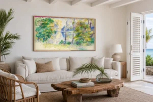 Framed print of View of a Park hanging on a wall in a furnished room